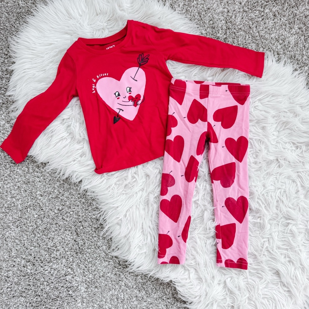 Carters Heart Print Pajama Set Pink Red Toddler Girls 3T 2 Piece